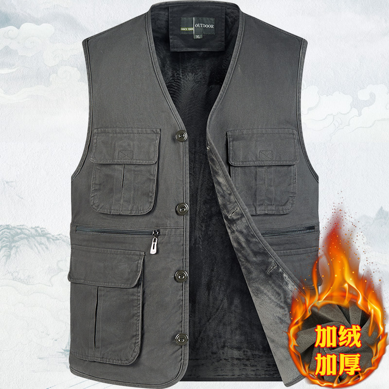 多口袋纯棉马甲中老年秋冬加x绒厚款保暖坎肩爸爸马夹爷爷上衣背
