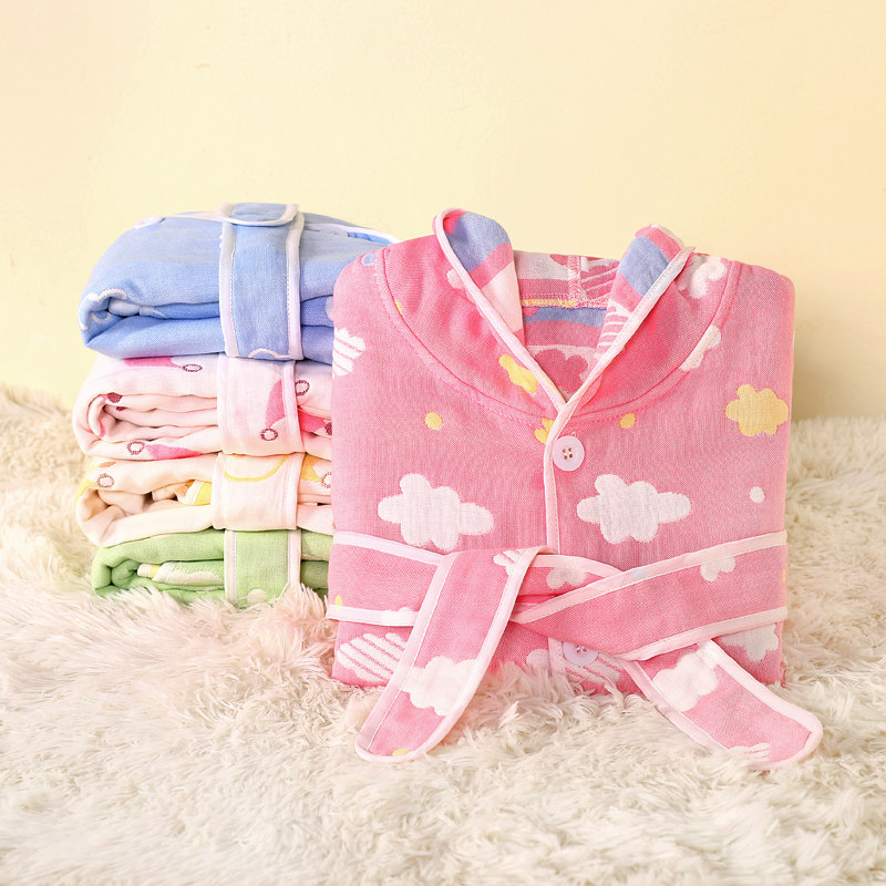 春夏连帽儿童f浴袍纯棉纱布吸水毛巾料男童女童中大童洒店浴衣