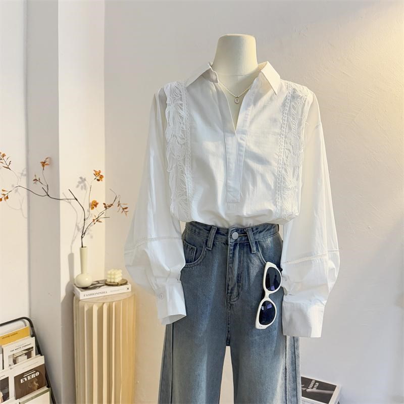 花边拼接法式半开V领白色长袖衬衫女2025春宽松T休闲通勤气质上衣