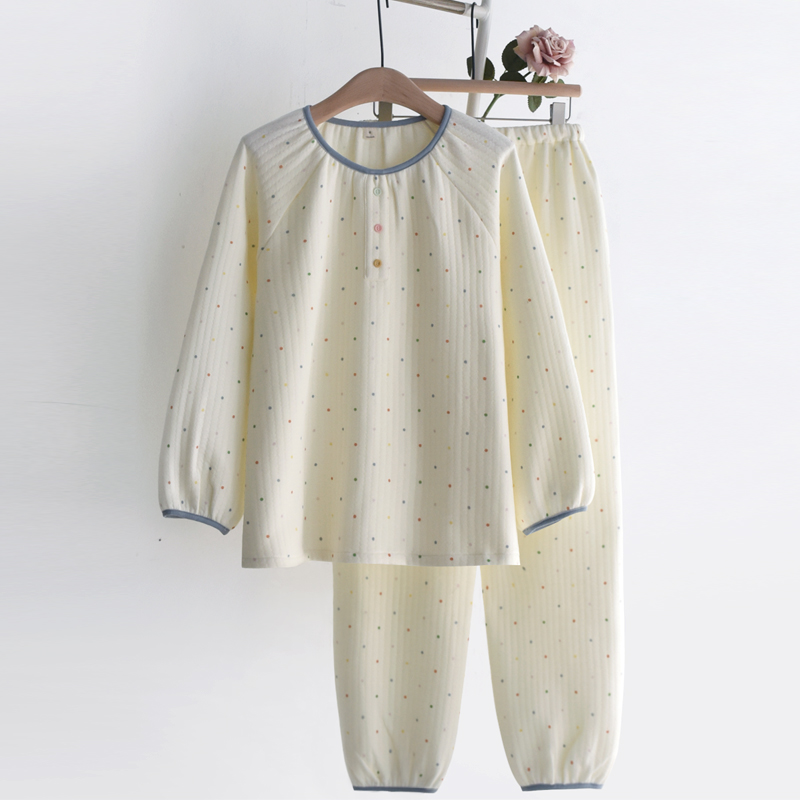 彩点套头睡衣女士秋冬季纯棉空气层三层保暖夹棉长X袖居家服套装