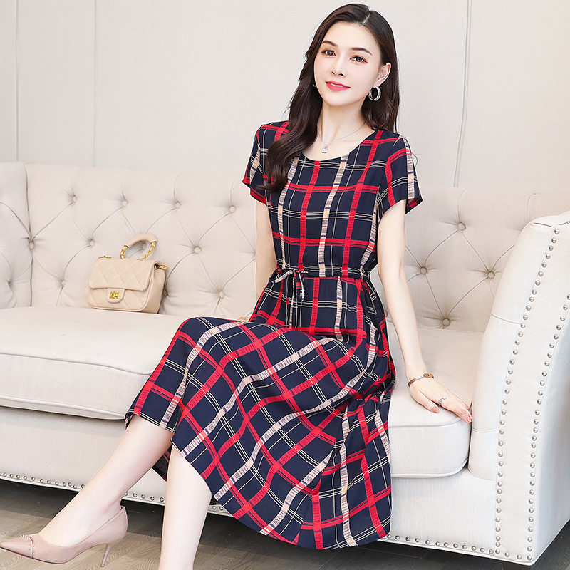 中年妈妈夏装棉绸连衣裙中长款绵绸裙子中老年女装人X造棉夏季长