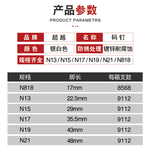 气动码钉N851枪钉国标足数U型钉 N9 N11 N13 N15 N17 N19 N21门钉