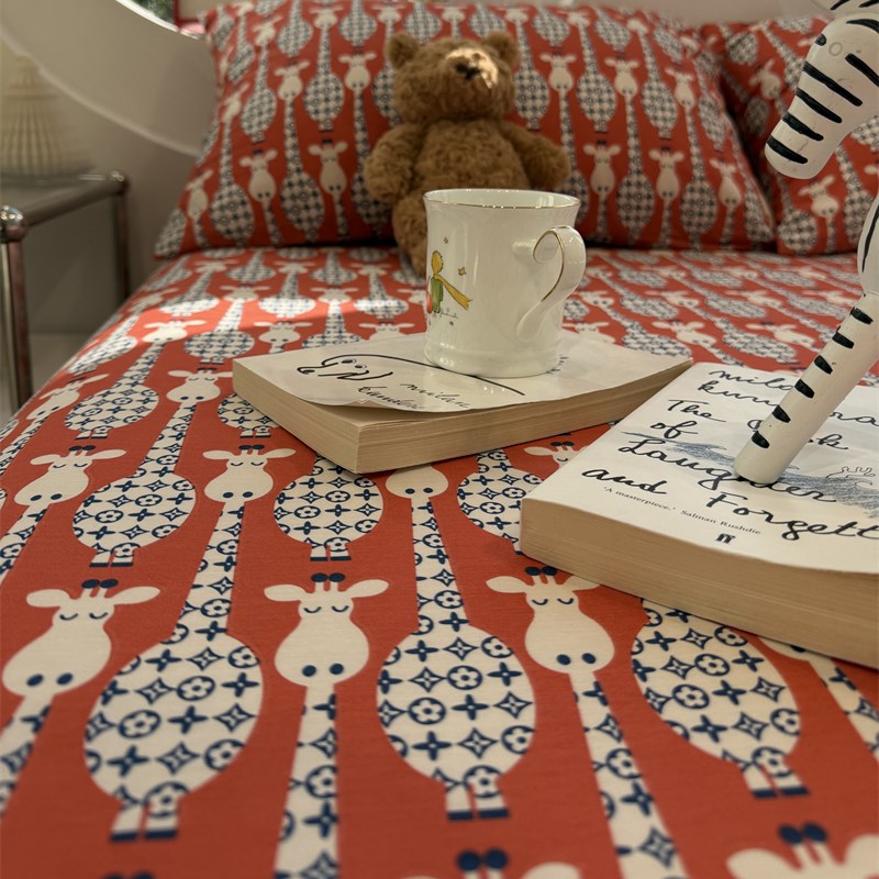 卡通少女卡通红色长颈鹿纯棉床笠床单单件保护套全棉纯棉宿舍床罩