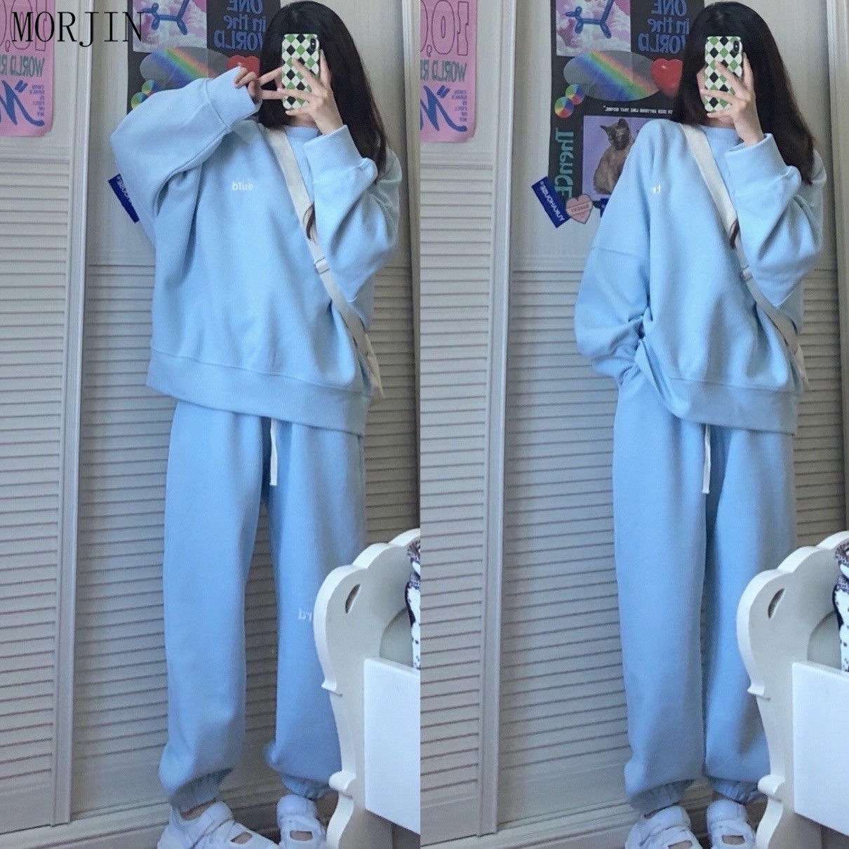 华夫格运动套装女春秋季韩版学生宽松纯色大码时尚卫衣休闲两件套