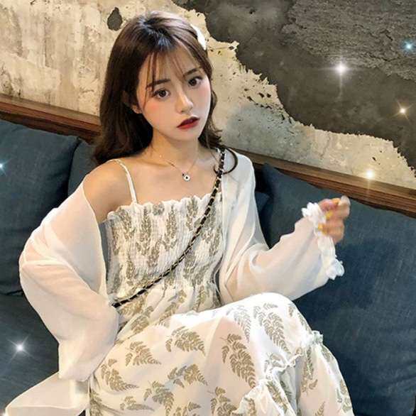 2025新款收腰显瘦碎花吊带裙超仙雪纺防晒衣学生气质仙女套装裙子