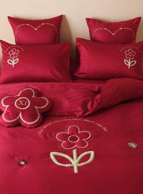 全棉婚庆家纺红色四件套100支长绒棉刺绣床盖款结婚床上用品陪嫁
