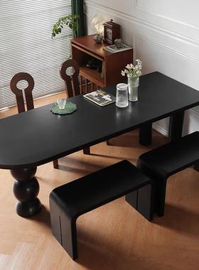 严选法式中古风黑色白蜡木餐桌全实木公寓小户型客厅多人吃饭桌椅