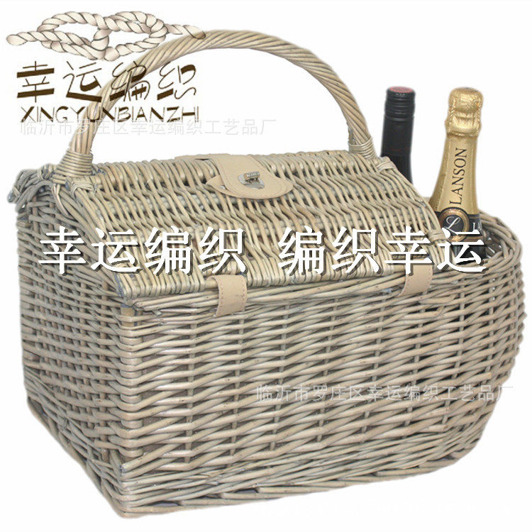 【幸运编织】柳编带盖带提手收纳篮野餐篮带餐具手工编织红酒篮