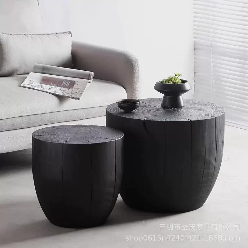 诧寂风炭烧黑色木墩茶几原木碳化客厅沙发实木边几创意树桩圆几