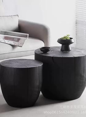 诧寂风炭烧黑色木墩茶几原木碳化客厅沙发实木边几创意树桩圆几