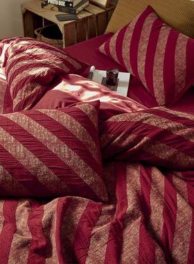 高级感复古红色全棉床上四件套纯棉结婚庆陪嫁床单被套床笠款床品