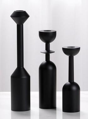 实木烛台北欧极简几何黑色烛托创意异形艺术摆件套组样板间装饰品