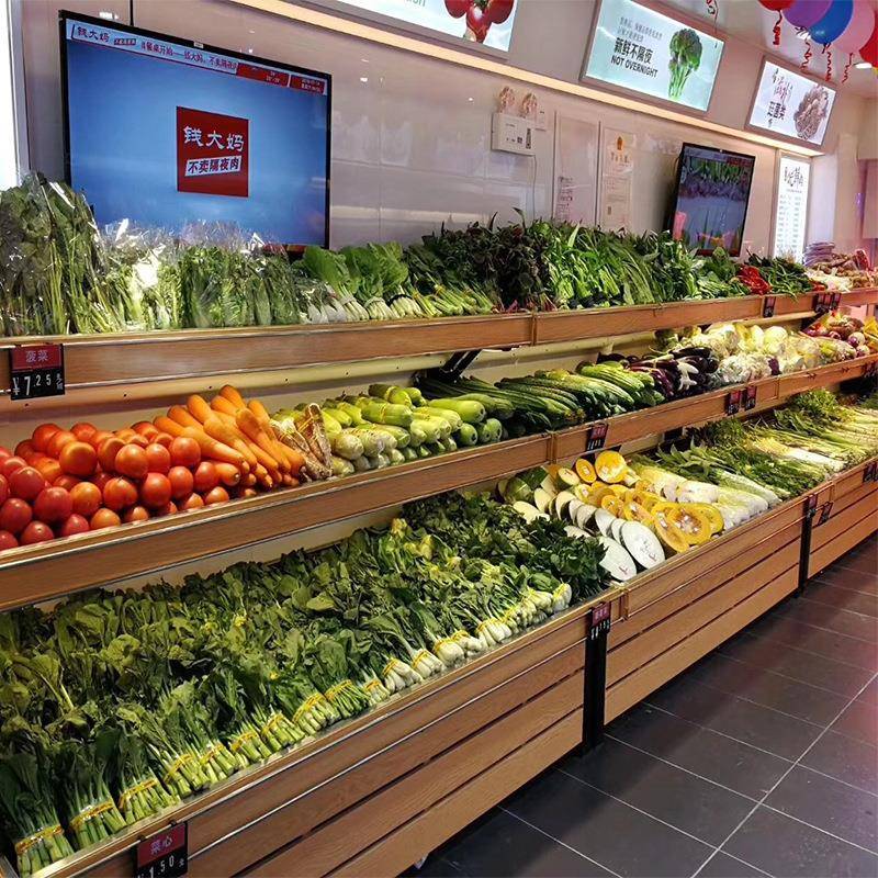 钱大妈蔬菜水果店货架生鲜店印木纹展示架不锈钢防水果蔬架供应