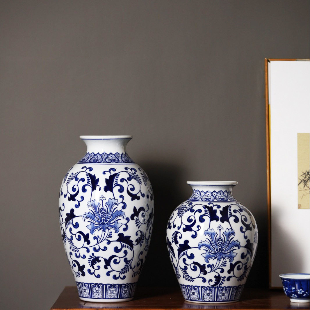 中式台面仿古青花瓷花瓶摆件装饰品工艺品陶瓷摆件复古花插插花器