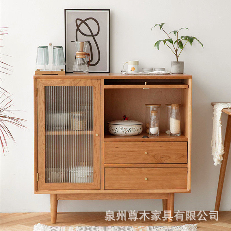 日式家用厨房多功能玻璃碗柜储物柜实木餐边柜樱桃木小边柜茶水柜