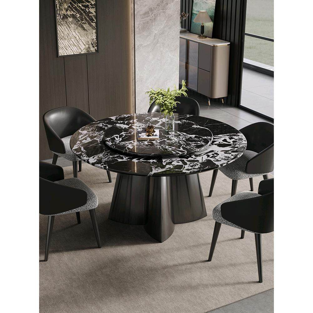 黑天然大理石餐桌客厅2024新款椅子轻奢高级感家用圆形饭桌