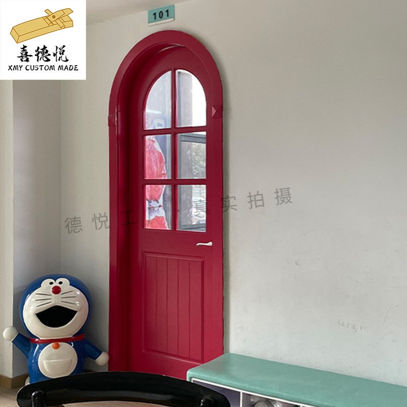 法式网红拱形门门实木复合红色烤漆玻璃卧室门实木复合门圆弧门