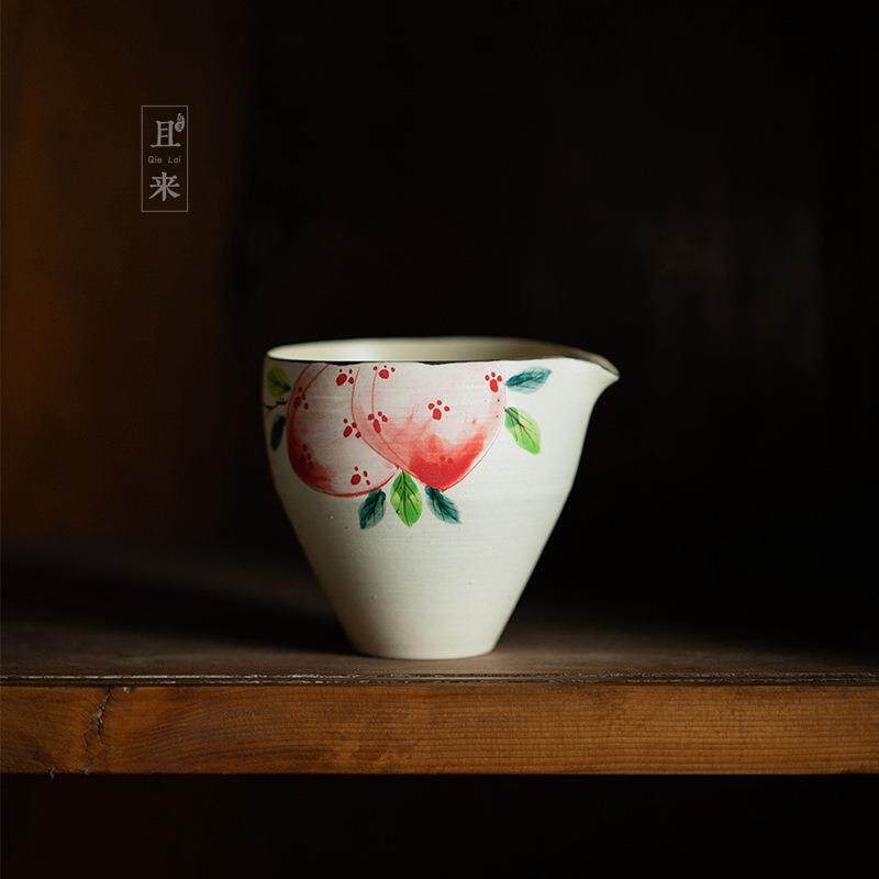 且来手绘粉桃公道杯诧寂风日式分茶器家用功夫粗陶匀茶杯茶道配件