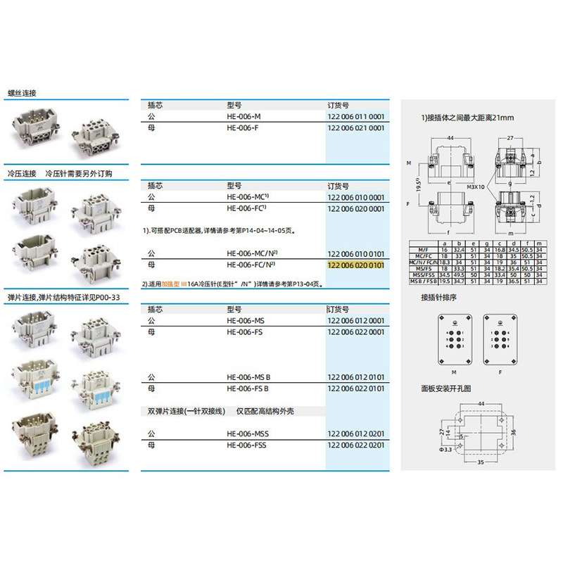 WAIN唯恩HE-006-FC/N 122 006 020 0101 母6芯16A500V插芯连接器