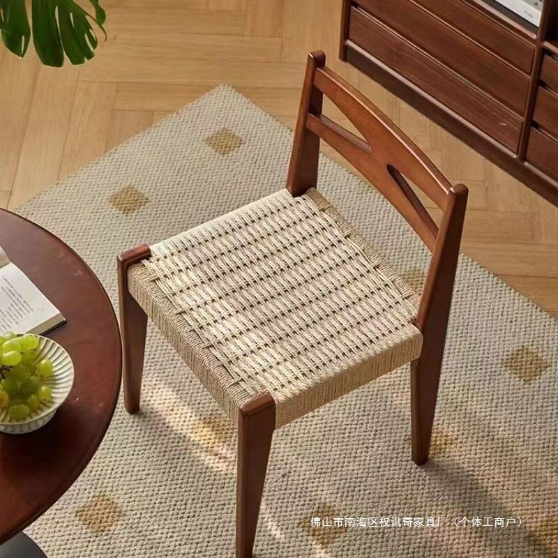 日式简约实木家用绳编餐椅靠背设计师北欧靠背椅复古休闲中古椅子