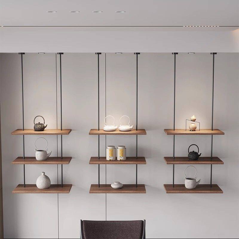 简约客厅悬挂置物架茶室背景吊架墙装饰架书房墙上搁板展示架书架