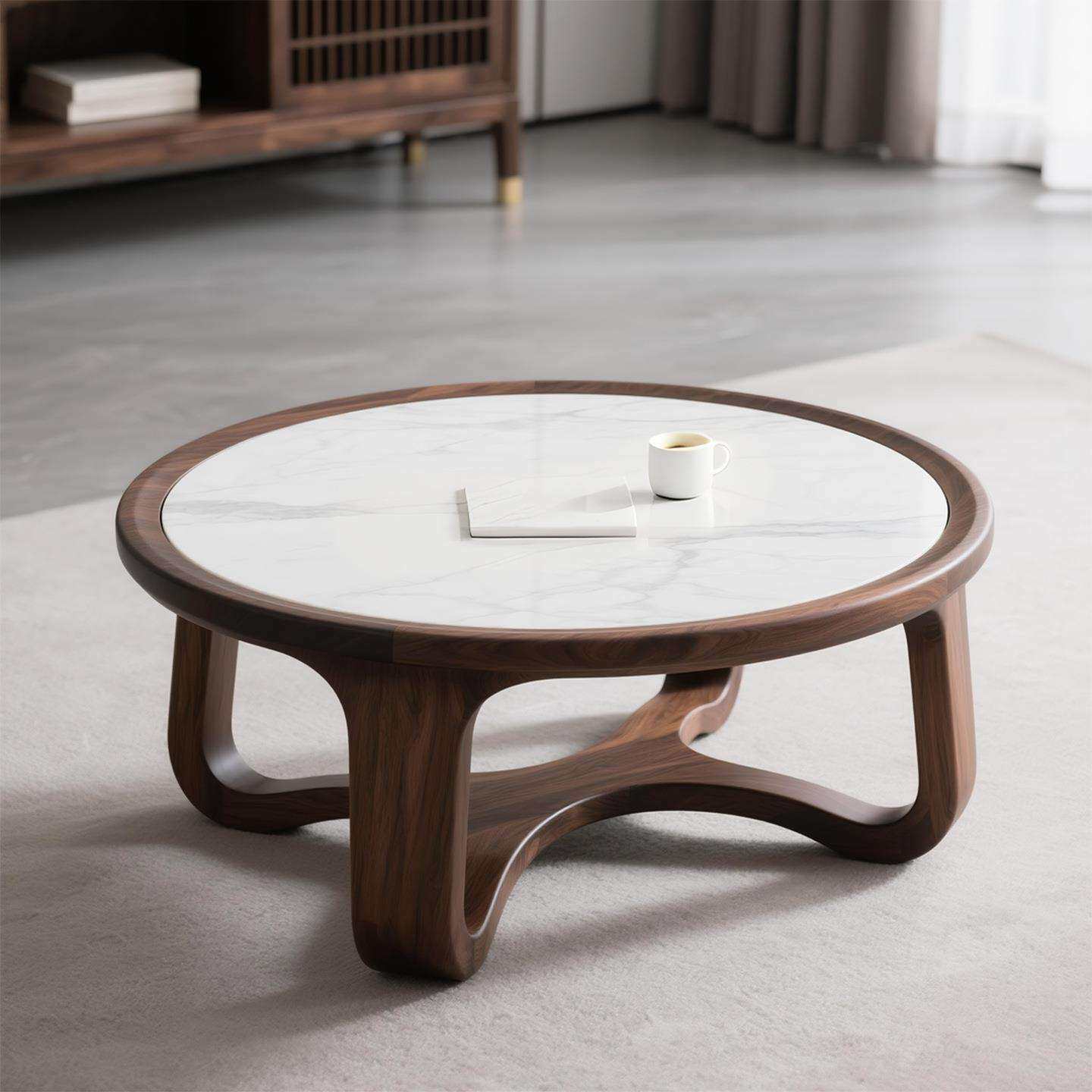 北美黑胡桃木岩板茶几边几圆形沙发桌子简约现代别墅客厅实木矮桌