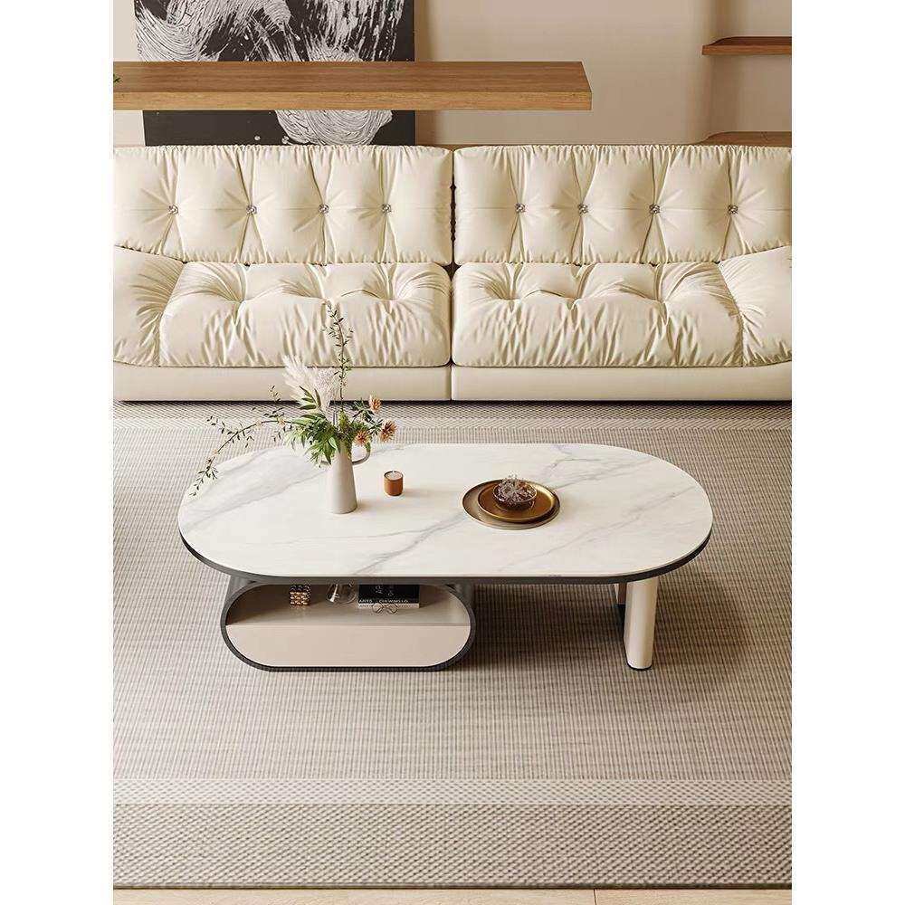 现代轻奢简约椭圆形岩板奶油风茶几电视柜带抽屉客厅家用创意茶桌