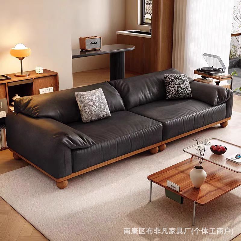 中古风大象耳朵直排沙发头层真皮沙发中小户型客厅胡桃色实木框架