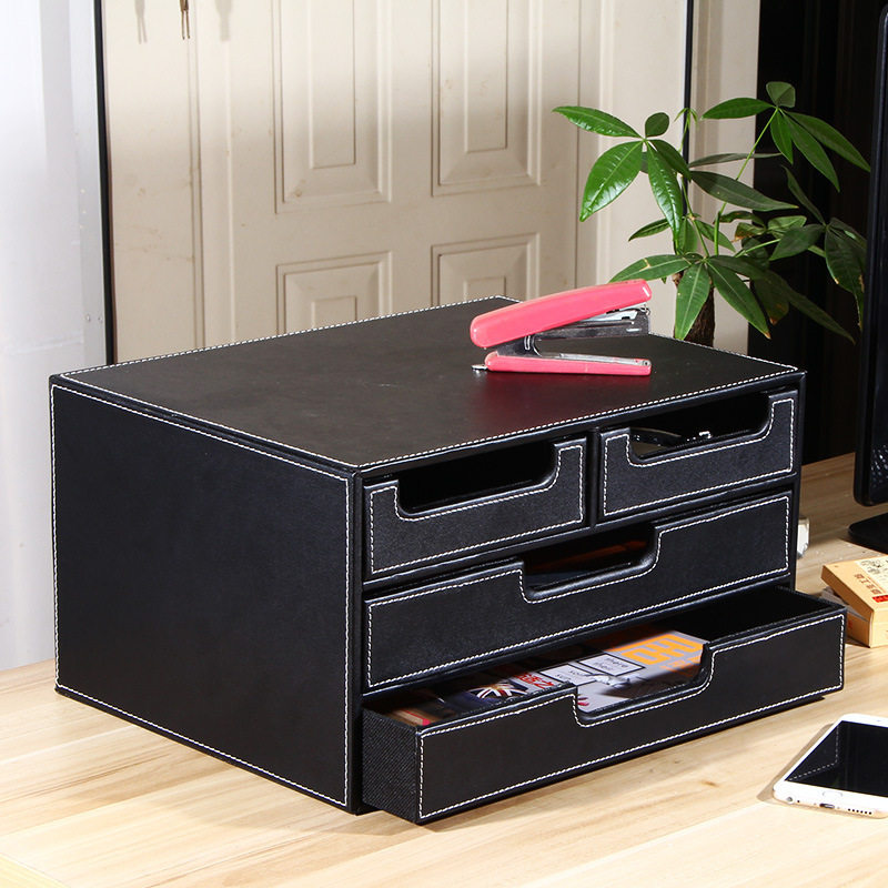 商务桌面办公文件柜可移动创意皮革带抽屉收纳柜组织者票据整理柜
