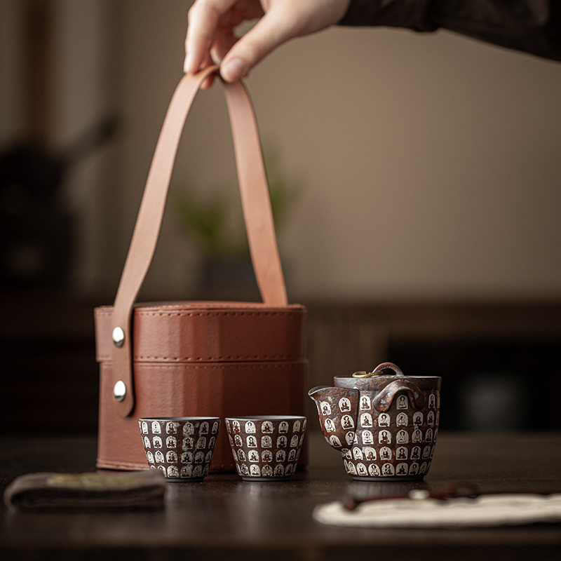 老岩泥万佛鎏银旅行茶具快客杯复古陶瓷户外露营车载便携泡茶套组