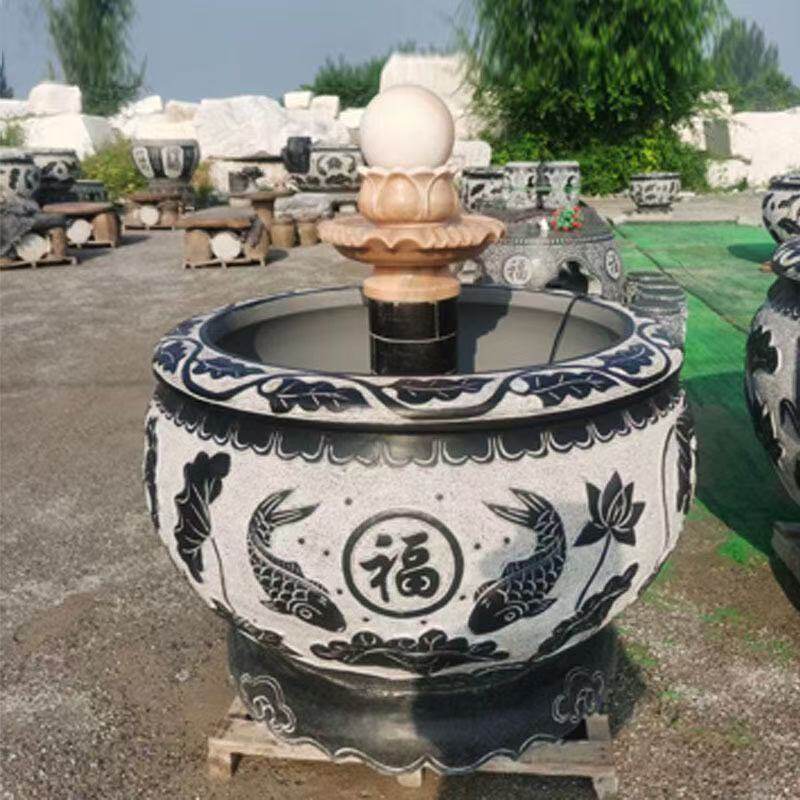 青石水缸石槽鱼缸大理石花盆福字鱼缸别墅庭院景观摆件荷花缸摆件