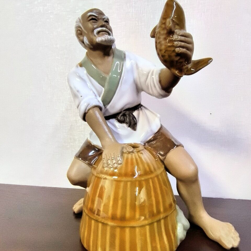 捉鱼 欢喜有鱼 姜太公钓鱼 石湾陶瓷工艺品鱼缸假山家居装饰摆件