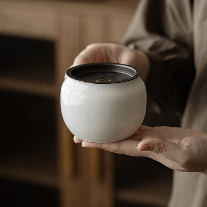 观岚羊脂玉瓷茶渣缸建水带盖家用白瓷茶渣桶储水陶瓷茶盂废水茶缸