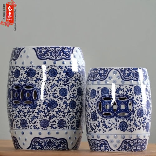 陶瓷青花瓷换鞋凳鼓凳梳妆凳子新中式仿古鼓墩坐墩矮凳圆凳雕花