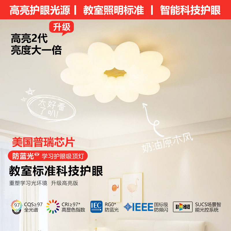 创意客厅灯具奶油风温馨浪漫花朵儿童房卧室灯简约原木房间吸顶灯