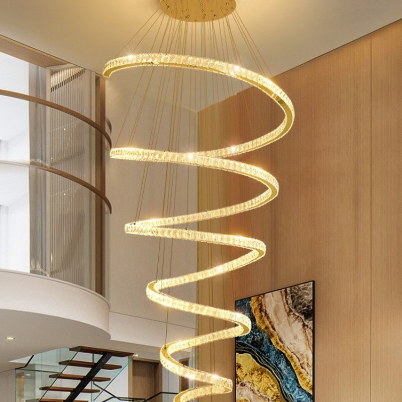 复式楼别墅客厅大吊灯简约现代轻奢水晶灯具公寓挑空楼梯灯长吊灯