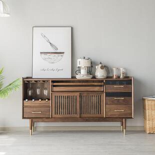 黑胡桃木餐边柜多功能餐厅茶水柜北欧轻奢酒柜一体樱桃木收纳边柜