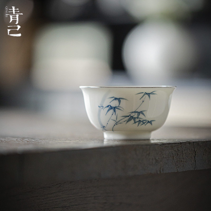 青己 玉泥白瓷手绘竹青花主人杯 家用陶瓷釉下彩喝茶单杯文人茶杯