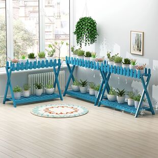 室外花架二层阳台带栅栏置物架可折叠双层防腐木移动架子蓝色花架