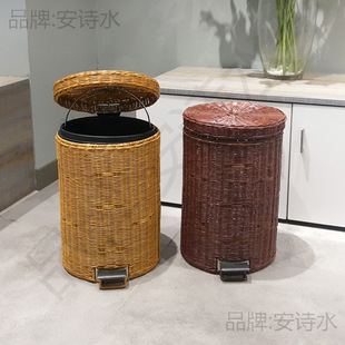 竹编垃圾桶垃圾桶家用脚踏带盖创意客厅卧室厨房卫生间厕所纸篓大