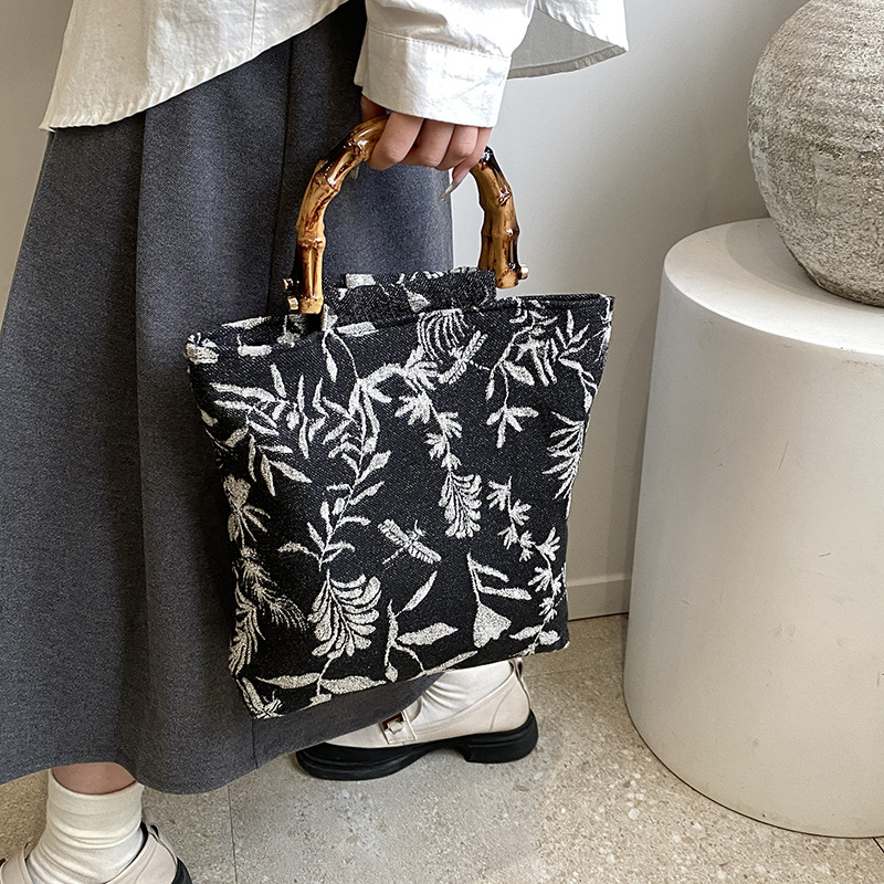 303NUL 竹节手提包小众包袋时尚帆布刺绣大容量托特包民族风包