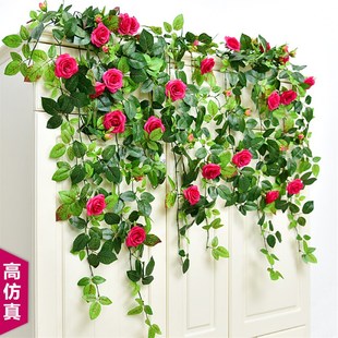 饰花壁挂 仿真玫瑰花藤蔓藤条绿叶假花塑料绢花空调水管暖气管道装