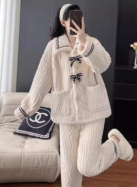 小香风开衫睡衣女外穿冬珊瑚绒蝴蝶结家居服加厚大码甜美翻领