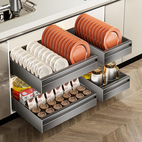 厨房柜内抽拉式置物架调料碗碟水槽下抽屉免打孔收纳沥水橱柜拉篮