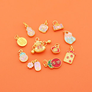 DIY饰品配件葫芦挂件古法金色保色祥云福字钱袋子吊坠手工编织