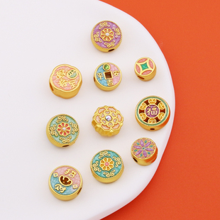 古法哑金滴油通孔福字牌圆牌花朵手链项链diy配件吊坠手工编织