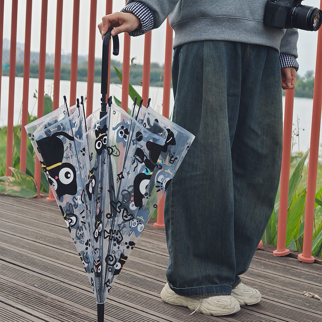 飞恋透明伞少女日系高颜值卡通可爱全自动折叠加厚加固网红雨伞