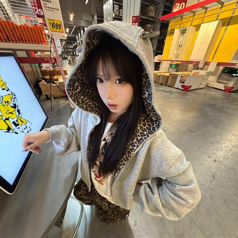 美式高街小恶魔豹纹连帽卫衣女春秋季新款慵懒风短款开衫外套