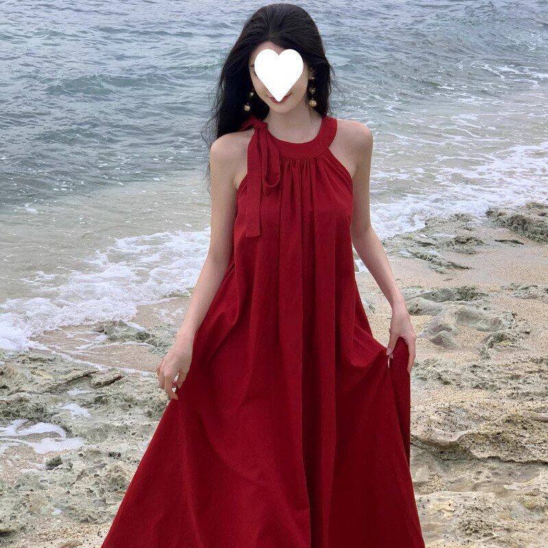 法式度假风无袖挂脖红色连衣裙