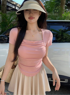 夏天纯欲荡领正肩短袖T恤女修身显瘦褶皱打底衫法式方领上衣短款